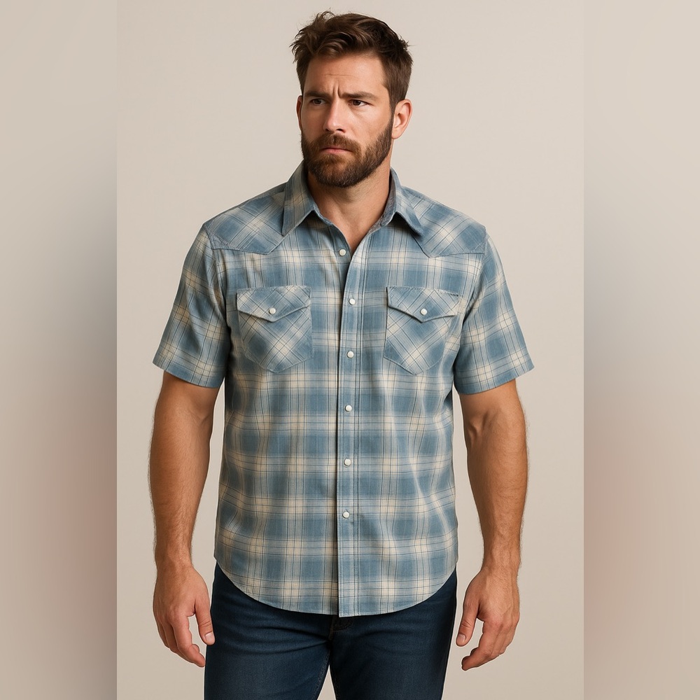 Outlaw Western Wear short sleeve, pearl snaps, plaid size L LL